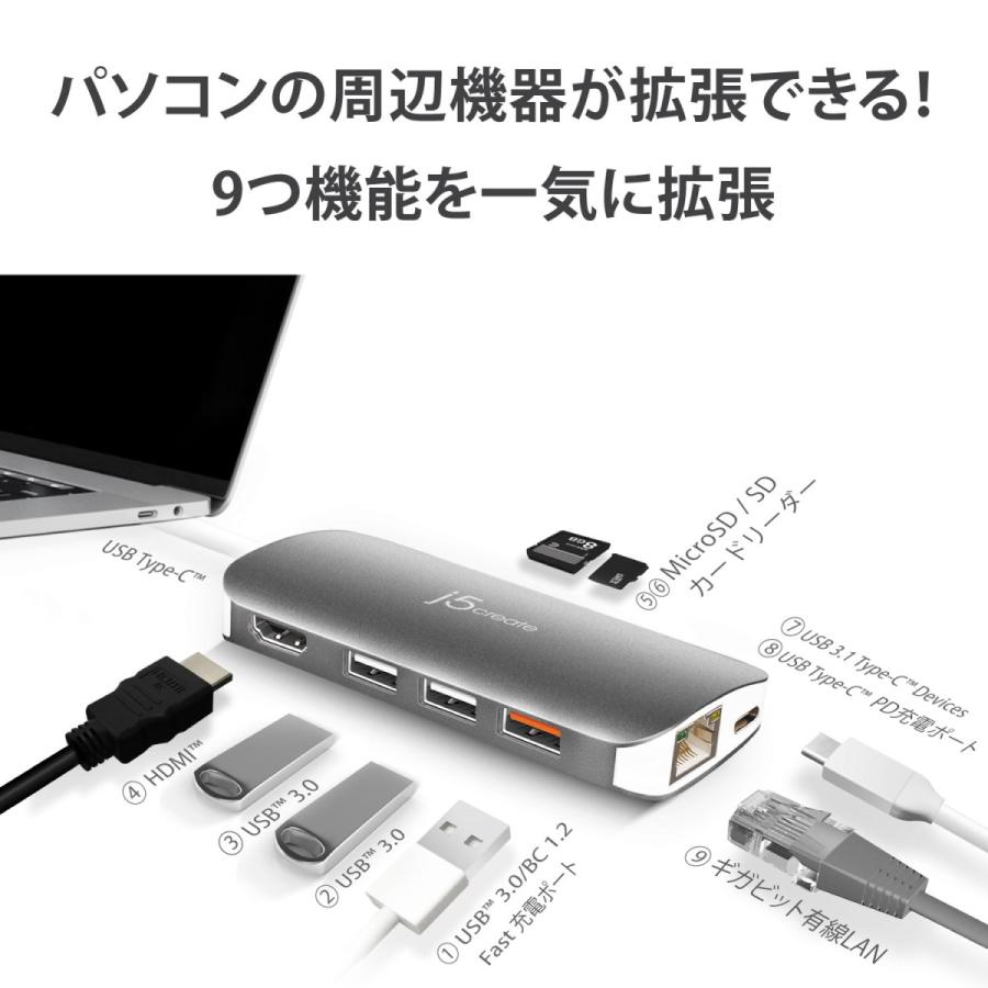j5create USB-C 9in1マルチアダプタ Power Delivery 60W供給 【USB-C 3.1/4K HDMI/ギガビット有線LAN/USB3.0×3, SD,MicroSDスロット】JCD383-EJ | j5 create | 01