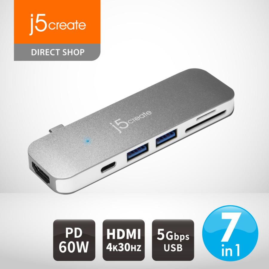 j5create USB-C 7in1ドッキングステーション マルチハブ Power Delivery 60W【USB-C/USB3.0x2/4K HDMI/SD,MicroSDリーダー】 JCD386-EJ