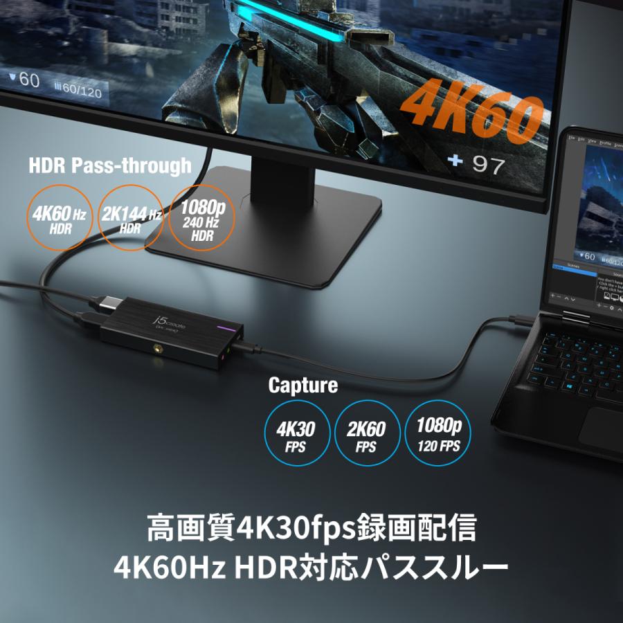 j5create 4k30fps録画配信 HDMI キャプチャーボード 4K60Hz 無遅延パススルー HDR対応 PD対応 コールドシュー1/4ネジ穴 Windows/Mac/Android対応 JVA14-EJ｜j5create｜03