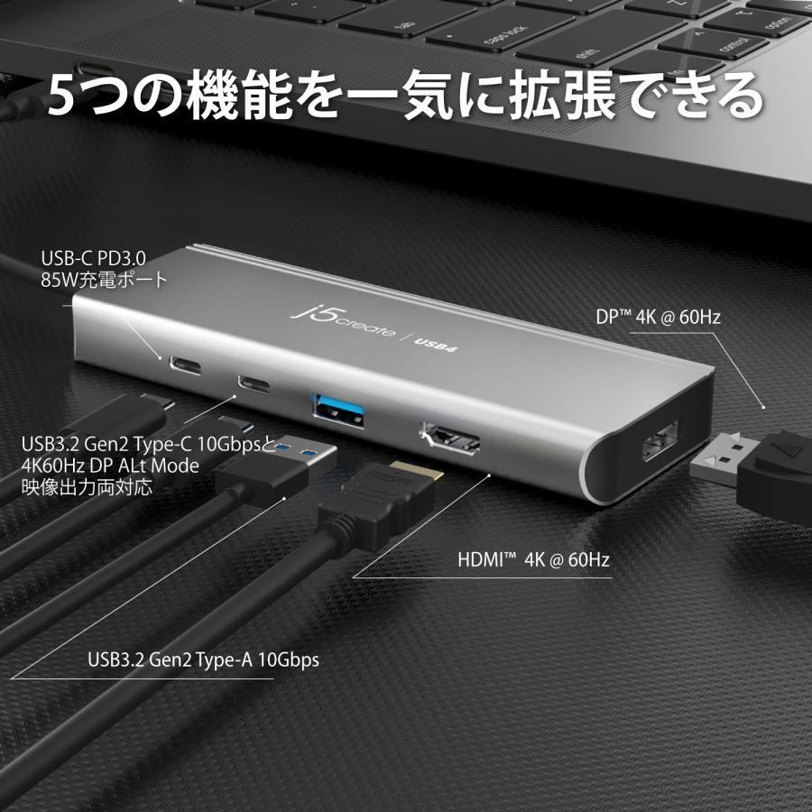 j5create USB4 5in1 Intelチップ デュアルディスプレイマルチハブ USB-C3.2, USB-A3.2, USB-C PD85W充電, 4K HDMI, 4K DisplayPort Windows Mac対応 JCD401-EJ | j5 create | 02