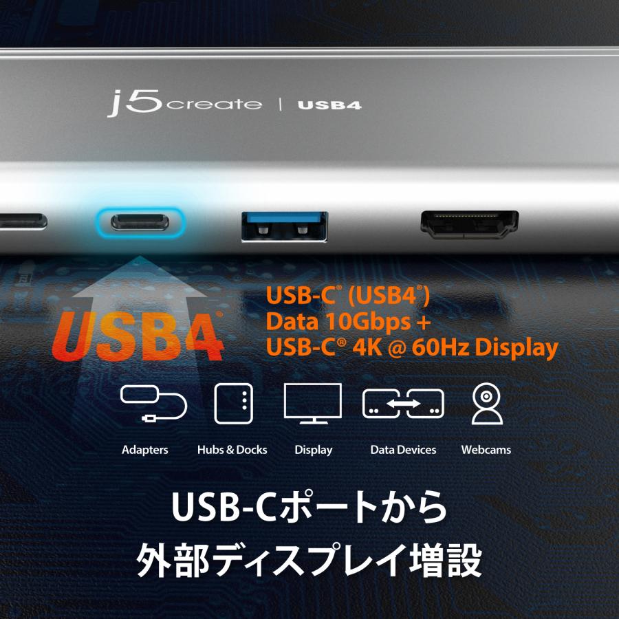 j5create USB4 5in1 Intelチップ デュアルディスプレイマルチハブ USB-C3.2, USB-A3.2, USB-C PD85W充電, 4K HDMI, 4K DisplayPort Windows Mac対応 JCD401-EJ | j5 create | 04