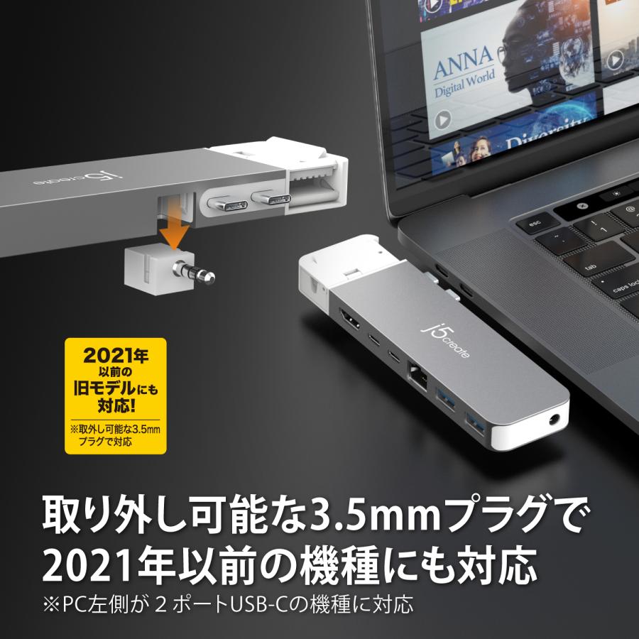 j5create MacBook Air / MacBook Pro専用 7in1 マルチハブ USB-C3.2, USB4パススルー(PD100W/6K60/40Gbps), USB-A3.2x2, HDMI, LAN, 3.5mmジャック JCD395-EJ | j5 create | 06