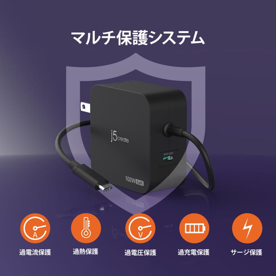 j5create USB-C 充電器 102W ノートPC/タブレット/スマホ用 ACアダプタ 窒化ガリウム 折り畳みプラグ JUP25102-EJ | j5 create | 04