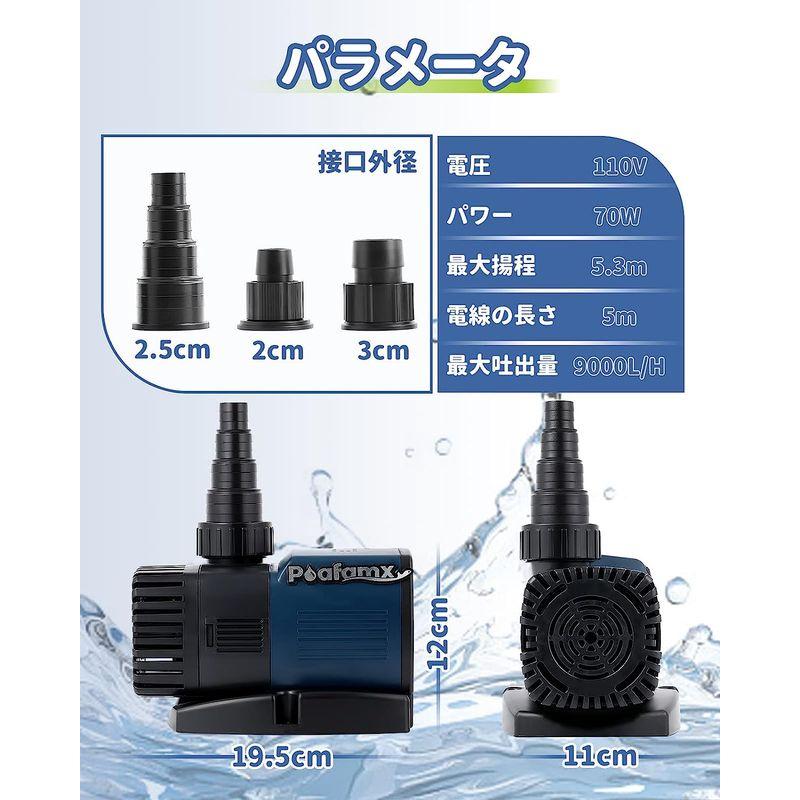 Poafamx 小水中ポンプ 排水ポンプ 吐出量9000L/h 最大揚程5.3m 70W 110V ノズル3つ 静音設計 ガーデニング/水換 小水中ポンプ 排水ポンプ 吐出量9000L/h 最大揚程5 3m 70W 110V ノズル3つ 静音設計 ガーデニング/水換