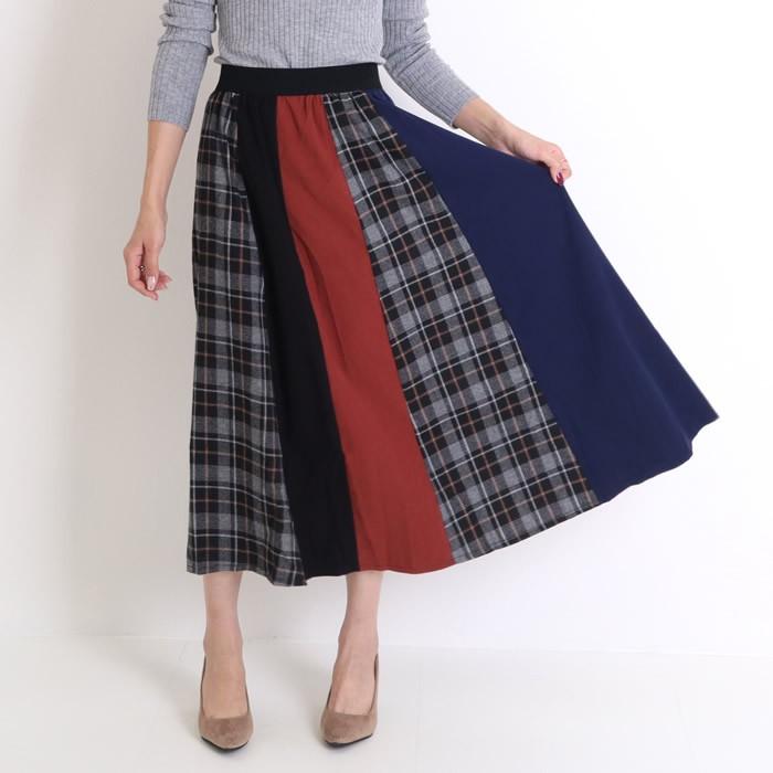 ロングスカート 柄 チェック フレア ハイウエスト 秋冬 ロング aライン ウエストゴム（1500円均一）『返品・交換不可』 :03