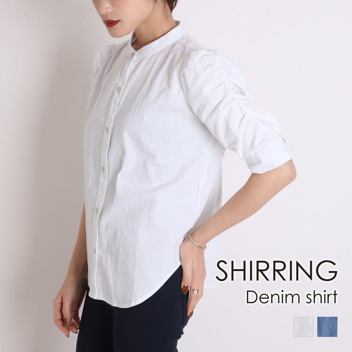 期間限定セール デニムシャツ レディース シャツ デニム 白 半袖 ブラウス スタンドカラー 91 oy ジャッコランタンjackolantern 通販 Yahoo ショッピング
