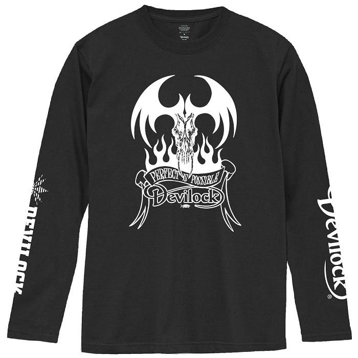 DEVILOCK デビロック「BOTH LOGO FIRE TATTOO LST」ロンT 長袖Ｔシャツ 黒白 ブラック ホワイト デビル 悪魔 炎 両袖プリント ロゴ スカル ドクロ 衣装 Rogia | DEVILOCK | 01