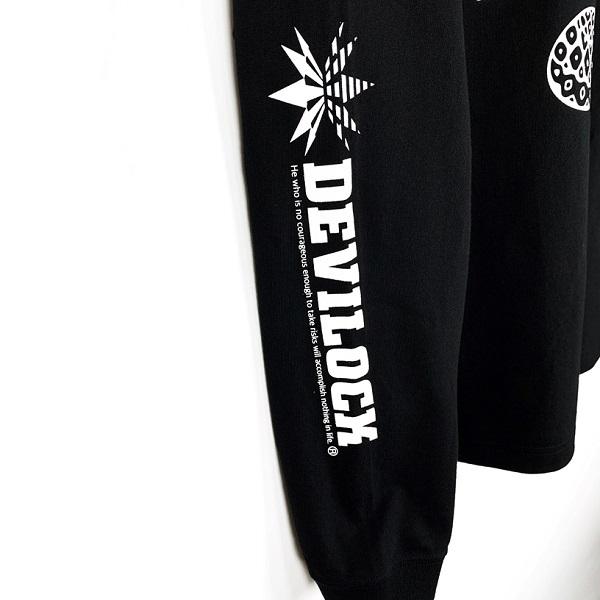 DEVILOCK デビロック「BOTH LOGO FIRE TATTOO LST」ロンT 長袖Ｔシャツ 黒白 ブラック ホワイト デビル 悪魔 炎 両袖プリント ロゴ スカル ドクロ 衣装 Rogia | DEVILOCK | 05
