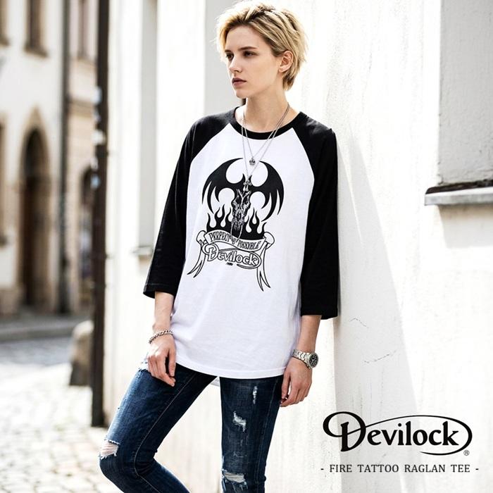 DEVILOCK デビロック「FIRE TATTOO RAGLAN TEE」ラグランＴシャツ 七分袖 五分袖 黒 白 ブラック ホワイト デビル 悪魔 炎 メンズレディース Rogia | DEVILOCK | 01
