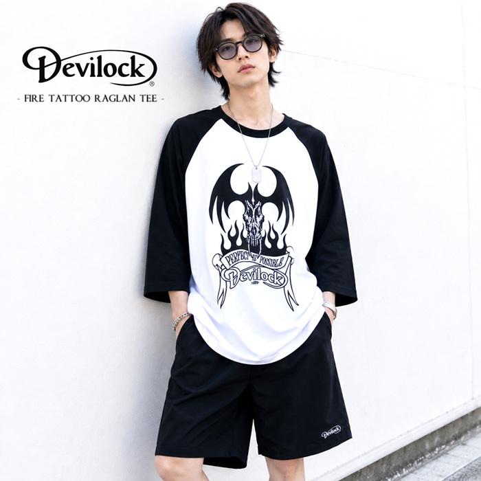 DEVILOCK デビロック「FIRE TATTOO RAGLAN TEE」ラグランＴシャツ 七分袖 五分袖 黒 白 ブラック ホワイト デビル 悪魔 炎 メンズレディース Rogia | DEVILOCK | 01
