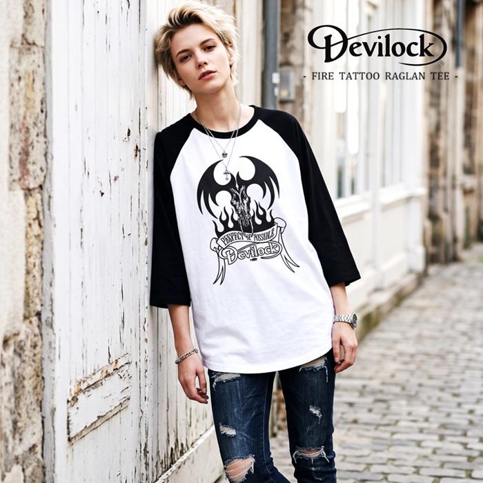 DEVILOCK デビロック「FIRE TATTOO RAGLAN TEE」ラグランＴシャツ 七分袖 五分袖 黒 白 ブラック ホワイト デビル 悪魔 炎 メンズレディース Rogia | DEVILOCK | 02