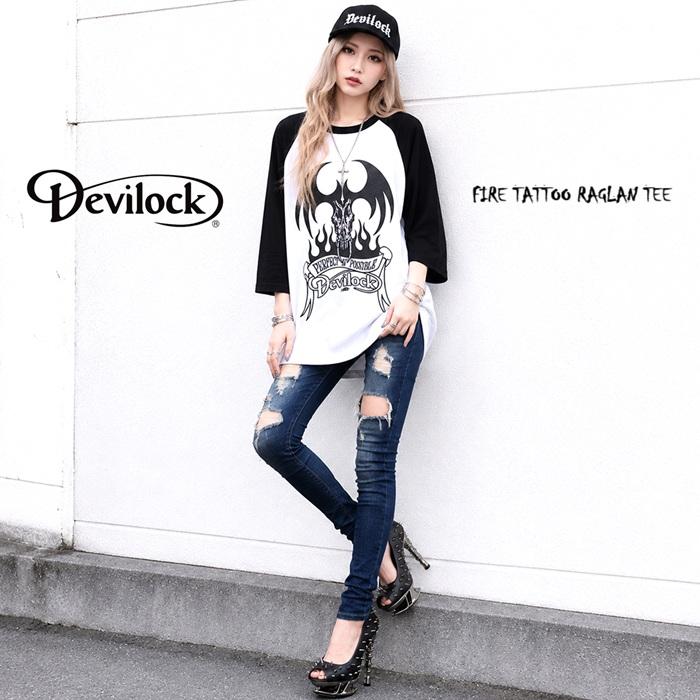 DEVILOCK デビロック「FIRE TATTOO RAGLAN TEE」ラグランＴシャツ 七分袖 五分袖 黒 白 ブラック ホワイト デビル 悪魔 炎 メンズレディース Rogia | DEVILOCK | 04