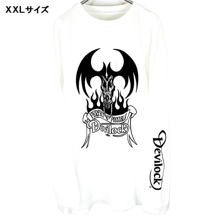 DEVILOCK デビロック「FIRE TATTOO & DAIMLER LST」オーバーサイズビッグロンT 長袖Ｔシャツ 黒白 ブラックホワイト 悪魔デビル スカルドクロ 袖プリント | DEVILOCK | 02