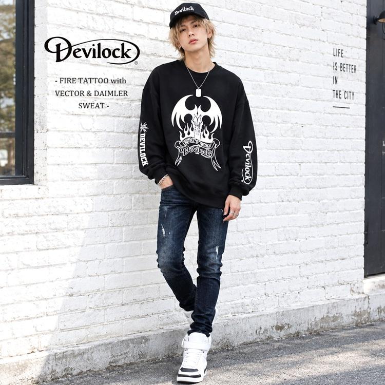DEVILOCK デビロック「FIRE TATTOO with VECTOR & DAIMLER SWEAT」オーバーサイズスウェット ビッグトレーナー 両袖プリント 黒 ブラック 悪魔 デビル 炎 | DEVILOCK | 01