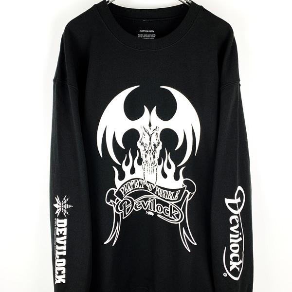 DEVILOCK デビロック「FIRE TATTOO with VECTOR & DAIMLER SWEAT」オーバーサイズスウェット ビッグトレーナー 両袖プリント 黒 ブラック 悪魔 デビル 炎 | DEVILOCK | 02