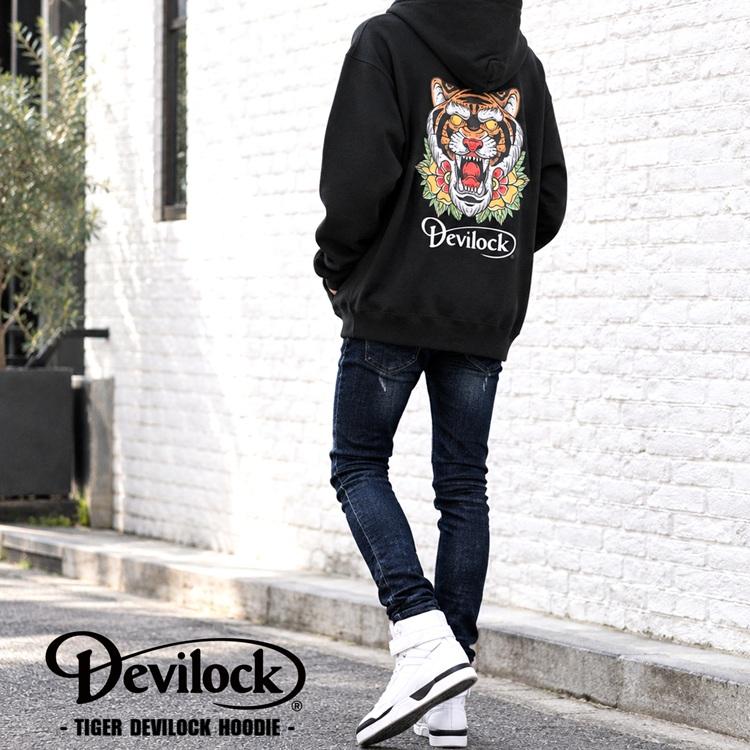 DEVILOCK デビロック「TIGER DEVILOCK HOODIE」プルオーバーパーカー 裏パイルスウェット 虎 タイガー タトゥーデザイン 黒ブラック XL 2L 3L 4L Rogia | DEVILOCK | 01