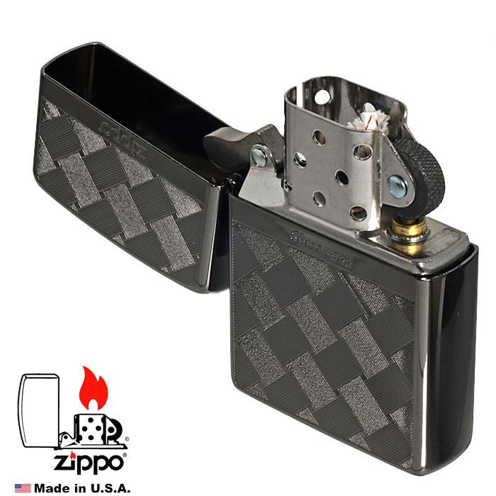 チェッカー zippo(ジッポーライター)つむぎ柄メッシュ両面加工BK
