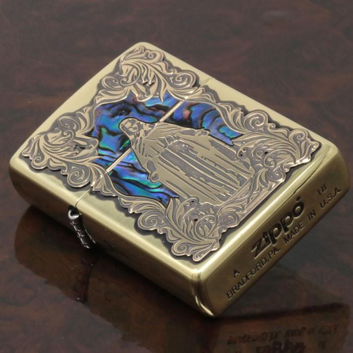 シェル zippo ジッポーライター 貝貼り マリア 真鍮いぶし 信仰 幸運