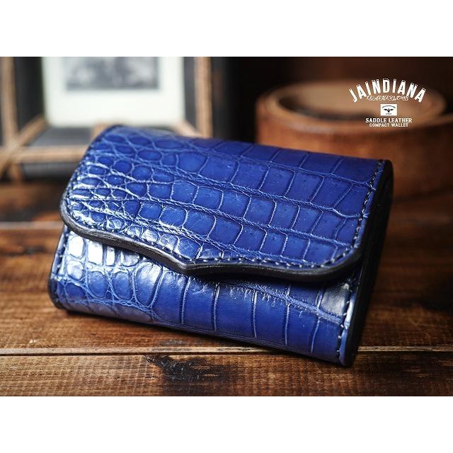 手縫い クロコダイル コンパクトウォレット ブルー ミニ財布