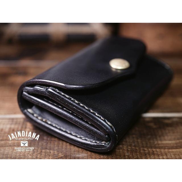JAINDIANA レザー コンパクト財布 手縫い 手縫い サドルレザー コンパクトウォレット ミニ財布 ブラック