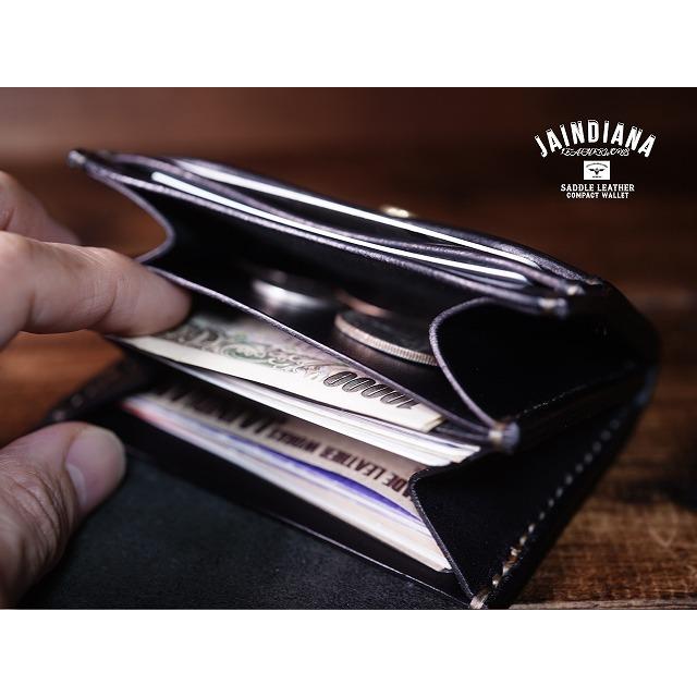 JAINDIANA レザー コンパクト財布 手縫い 手縫い サドルレザー コンパクトウォレット ミニ財布 ブラック