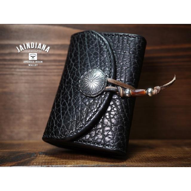 手縫い アメリカバイソン コンパクトウォレット ブラック シルバー