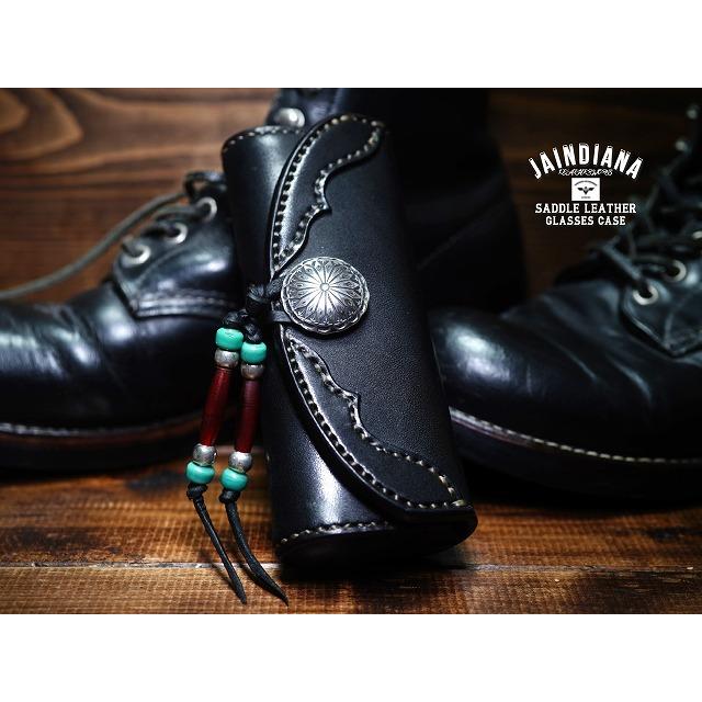サドルレザーメガネケース ブラック シルバーコンチョ : JAINDIANA