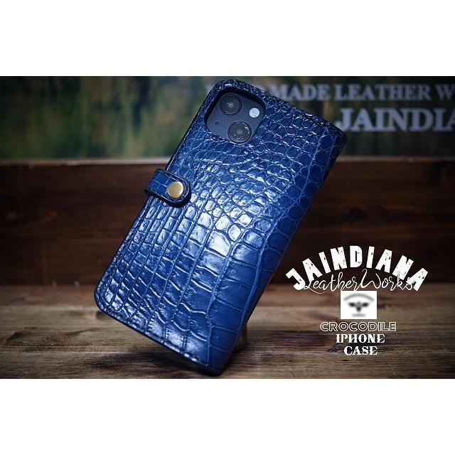 クロコダイルiPhone13ケース 手帳型 ブルー (iPhone13pro,13mini仕様での製作も可)｜jaindiana｜05