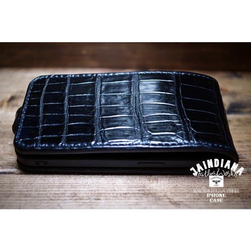 クロコダイルiPhone13/14/5/16ケース ブラック 手縫い : JAINDIANA