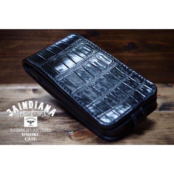 クロコダイルiPhone13/14/5/16ケース ブラック 手縫い : JAINDIANA
