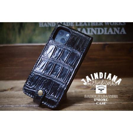 クロコダイル　ケース　フルクロコ　手縫い　ブラック クロコダイルiPhone13/14/5/16ケース ブラック 手縫い : JAINDIANA