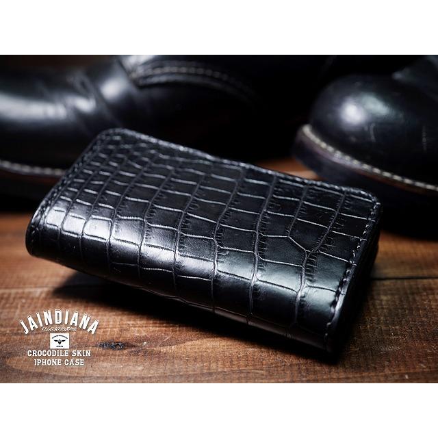 クロコダイルiPhone13/14/15/16ケース 横開きブラック : JAINDIANA