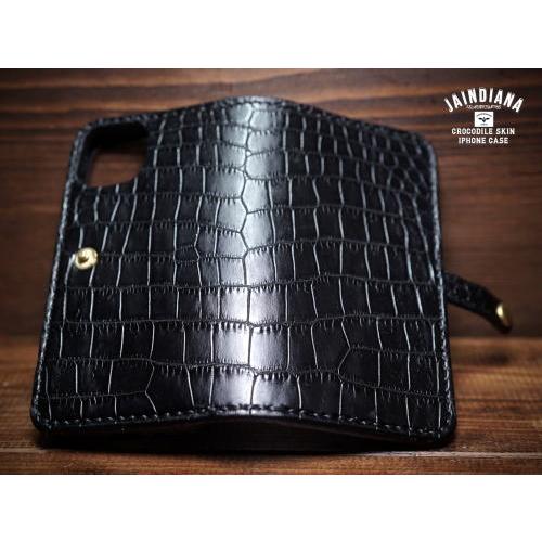 クロコダイルiPhone13/14/15/16ケース 横開きブラック : JAINDIANA
