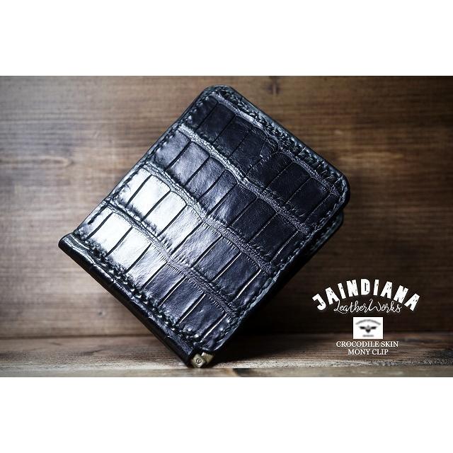 手縫い ハンドメイド クロコダイル マネークリップ 札ばさみ ブラック