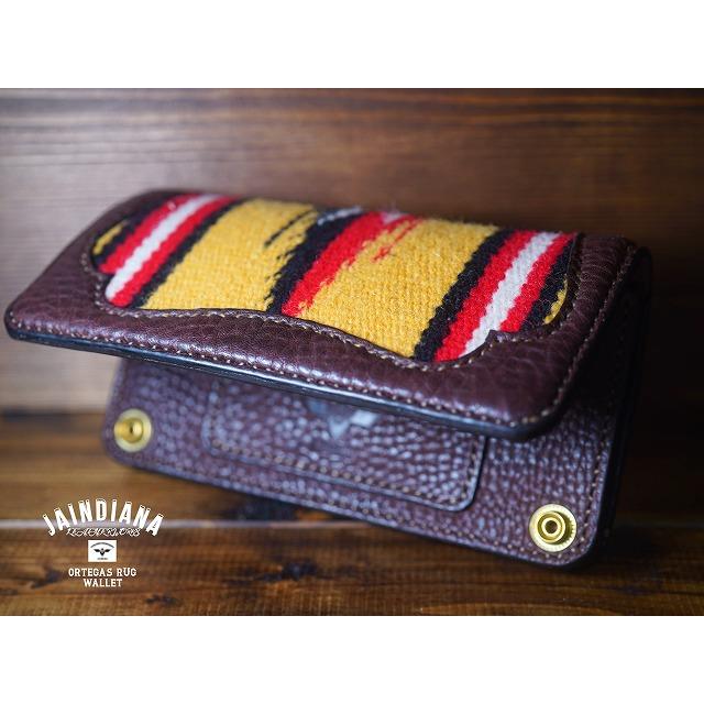 ラグ生地ハンドメイド多色ストライプ模様 本革手縫い長財布 手縫い革財布 ハンドメイドオルテガラグセミロングウォレット