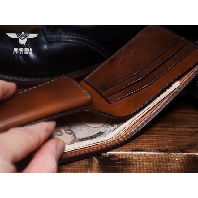 手縫い革財布 手染めのハンドメイドサドルレザーハーフウォレット 