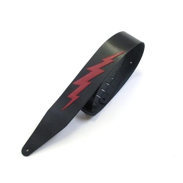 本革 ギターストラップ 稲妻 (WILD SIDE) 68mm 幅 黒×赤 レザー