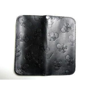 ドクロ 型押し 財布 長財布 ウォレット 黒 本革 （ レザー ） 製 