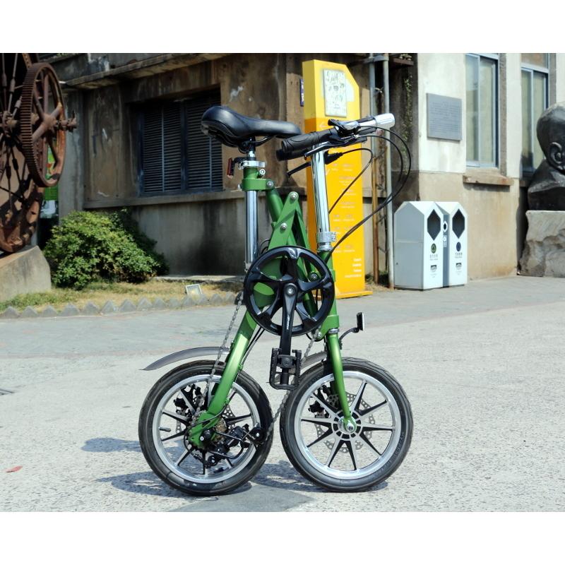 自転車 折畳 グリーン 14インチ 折りたたみ自転車 シマノ製7段ギア 変速 軽量 安い 緑 小径車 ミニベロ プレゼント ギフト