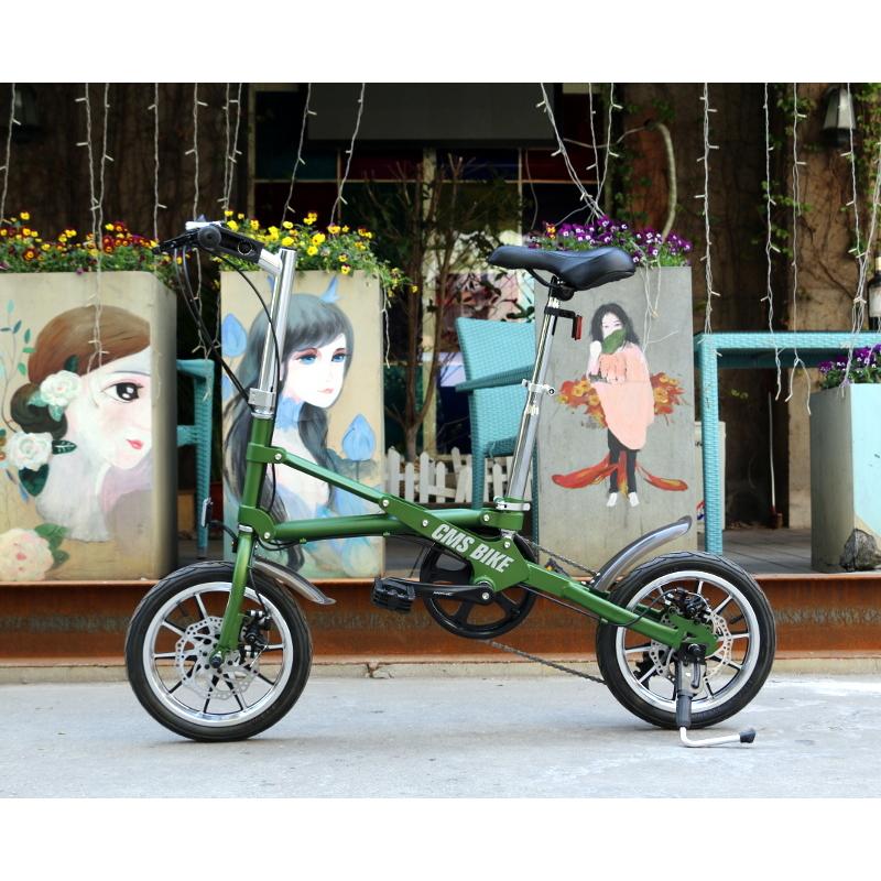 ニコ　カルオリ　14インチ　室内保管　良品　鍵付き 自転車】アルミ折りたたみ自転車 CARUORI 14型 YG-1472 グリーン