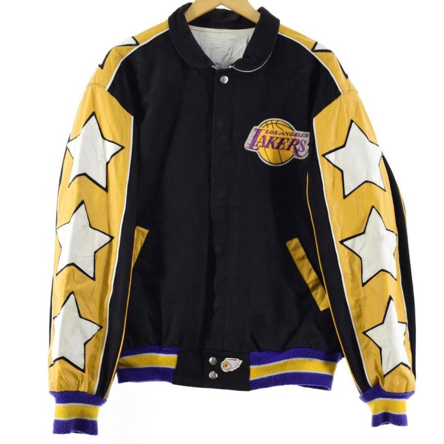 古着 ロサンゼルスレイカーズ 90年代 Nba ロサンゼルスレイカーズ リバーシブル コットンスタジャン レザー切替 コットンスタジャン Usa製 リバーシブル メンズl ヴィンテージ Eaa Eaa 古着屋jam