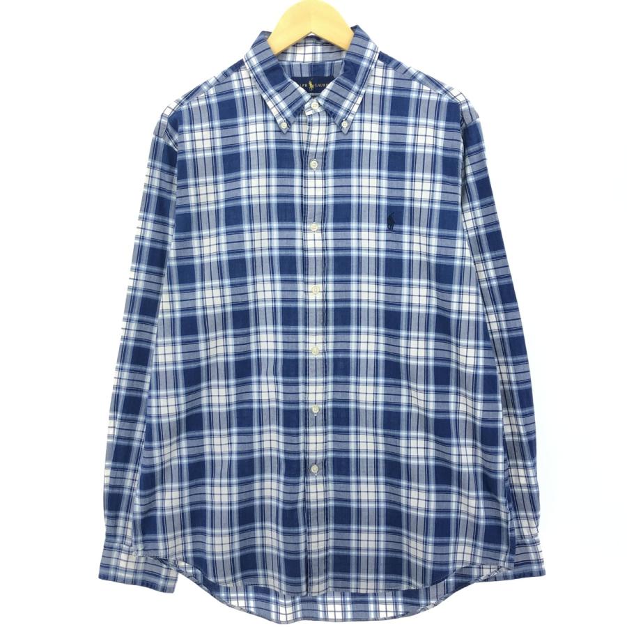 ラルフローレン　長袖チェックシャツ　シルク/リネン　青　L 古着. ラルフローレン 長袖チェックシャツ シルク/リネン 青 L 古着.