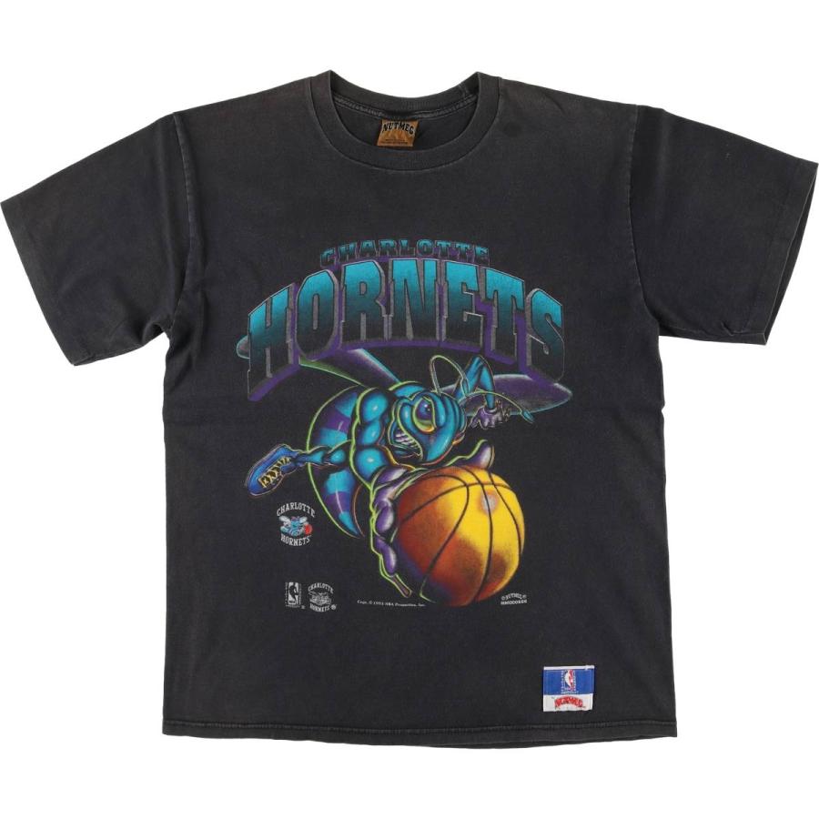 1993コピーライト NBA Tシャツ シャーロット・ホーネッツ 古着 墨黒 古着 90年代 ナツメグ NBA CHARLOTTE HORNETS シャーロット