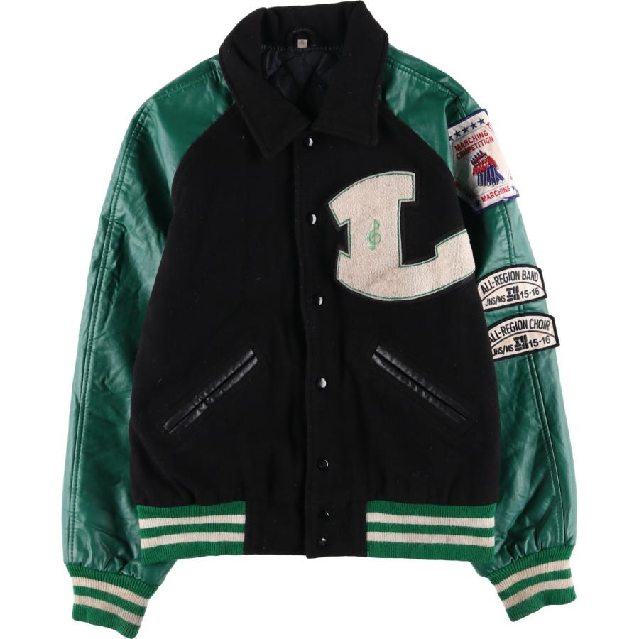 古着 中綿入り 襟付き 袖革ウールボタンスタジャン バーシティ