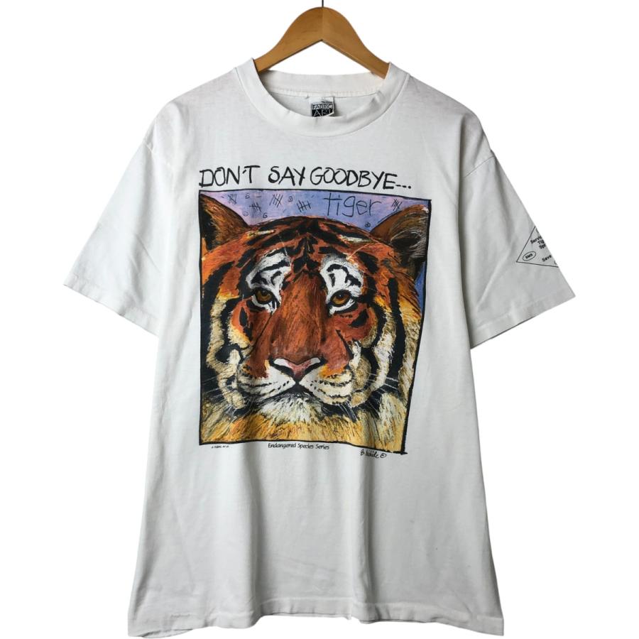 アメリカ製 90's タイガー 虎 アニマルプリント Tシャツ 90s タイガー アート イラスト プリント Tシャツ メンズ