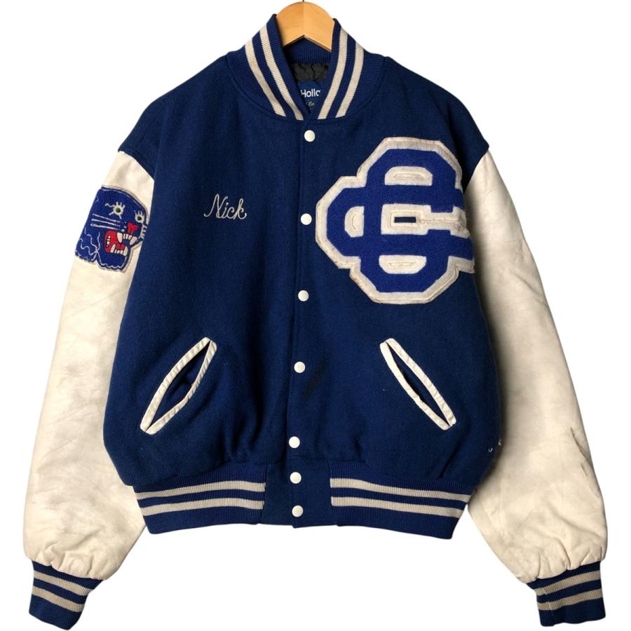 古着 ホロウェイ HOLLOWAY 袖革ウールボタンスタジャン バーシティ