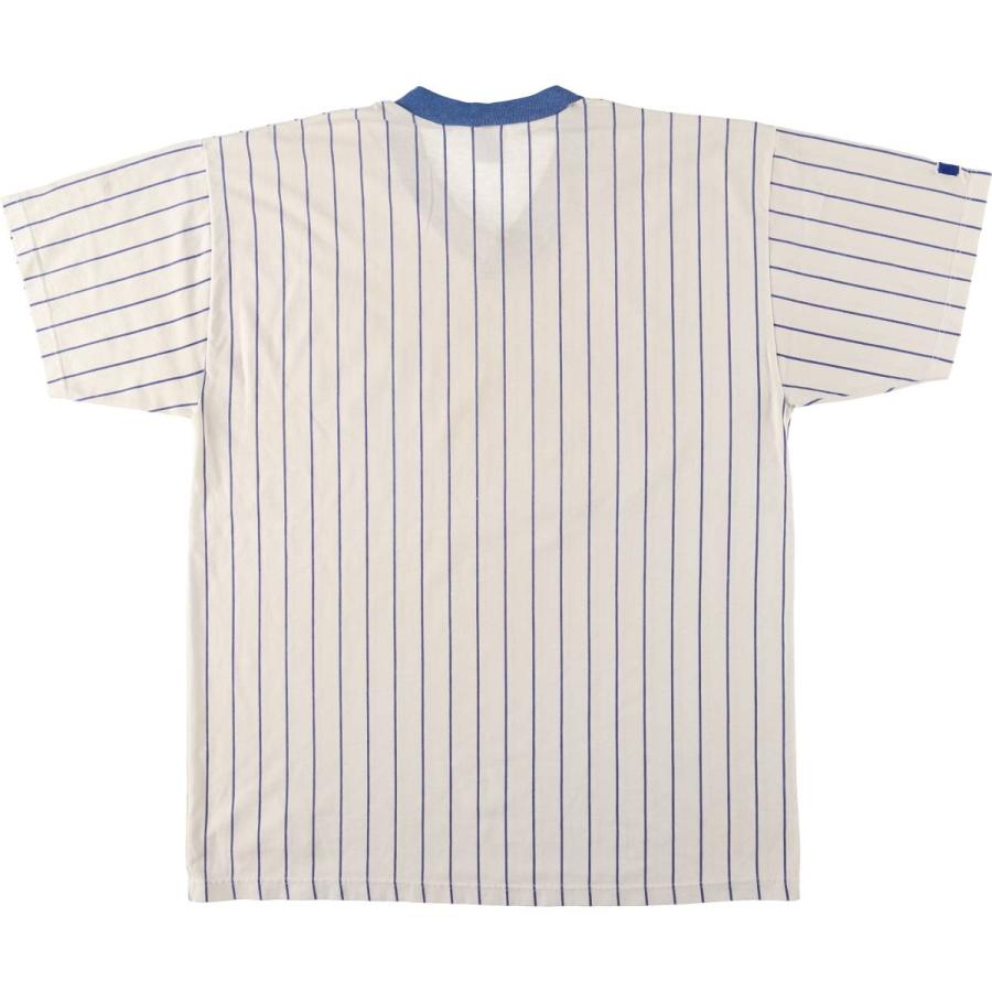 【MLB】古着 メンズ 青 野球 ベースボールシャツ シカゴカブス ★ストリート 古着 90年代 ラッセル MLB シカゴカブス ストライプ柄 Vネック ゲーム