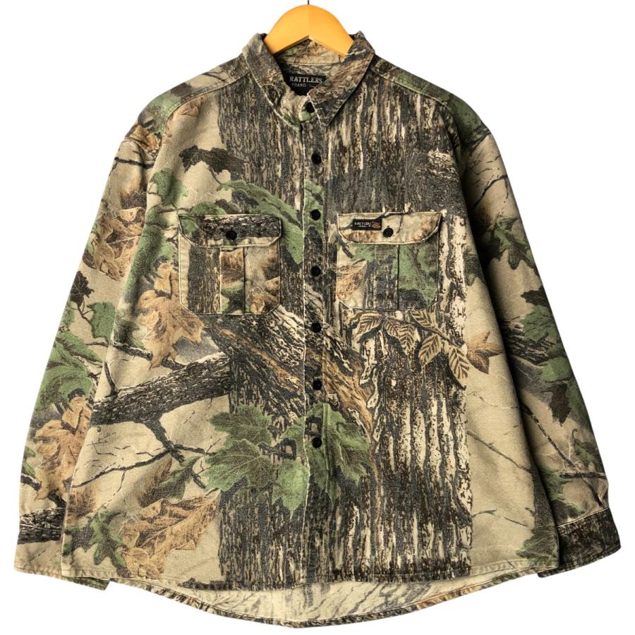 USA製！！【RATTLERS BRAND】リアルツリーカモ ネルシャツ XL 古着 90年代 RATTLERS 迷彩柄 リアルツリーカモ 長袖 プリント