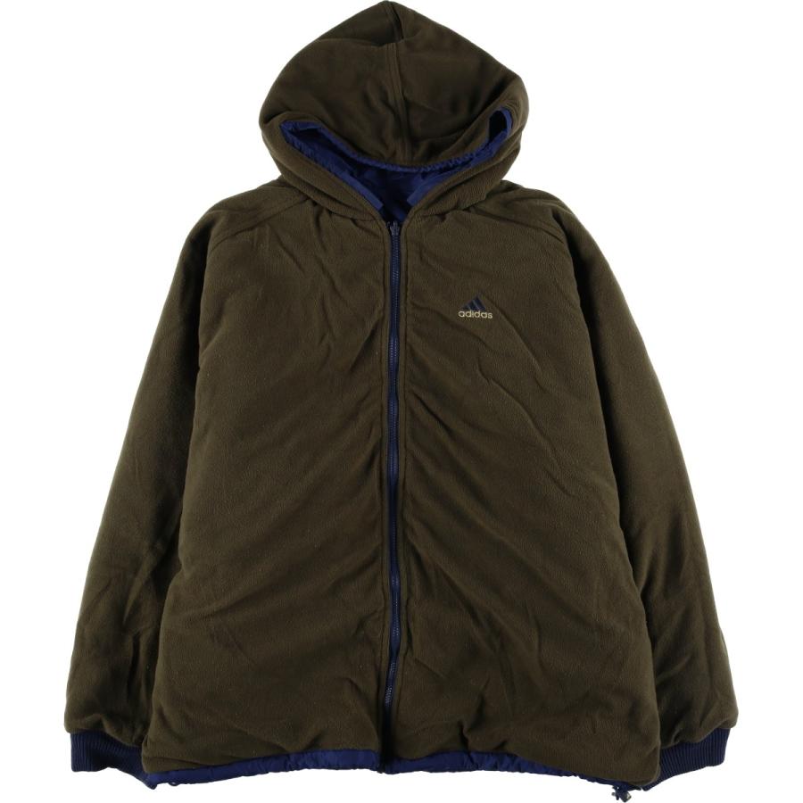 【もぐ】adidas中綿フーディジャケット刺繍ナイロンリバーシブルXXL adidas（アディダス） 古着 90~00年代 リバーシブル 中綿パーカー