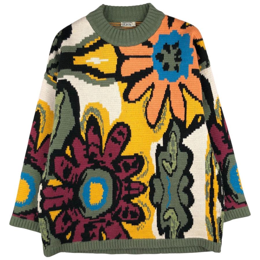 古着 90年代 OXBOW 総柄 ボタニカル柄 アクリルニットセーター メンズM